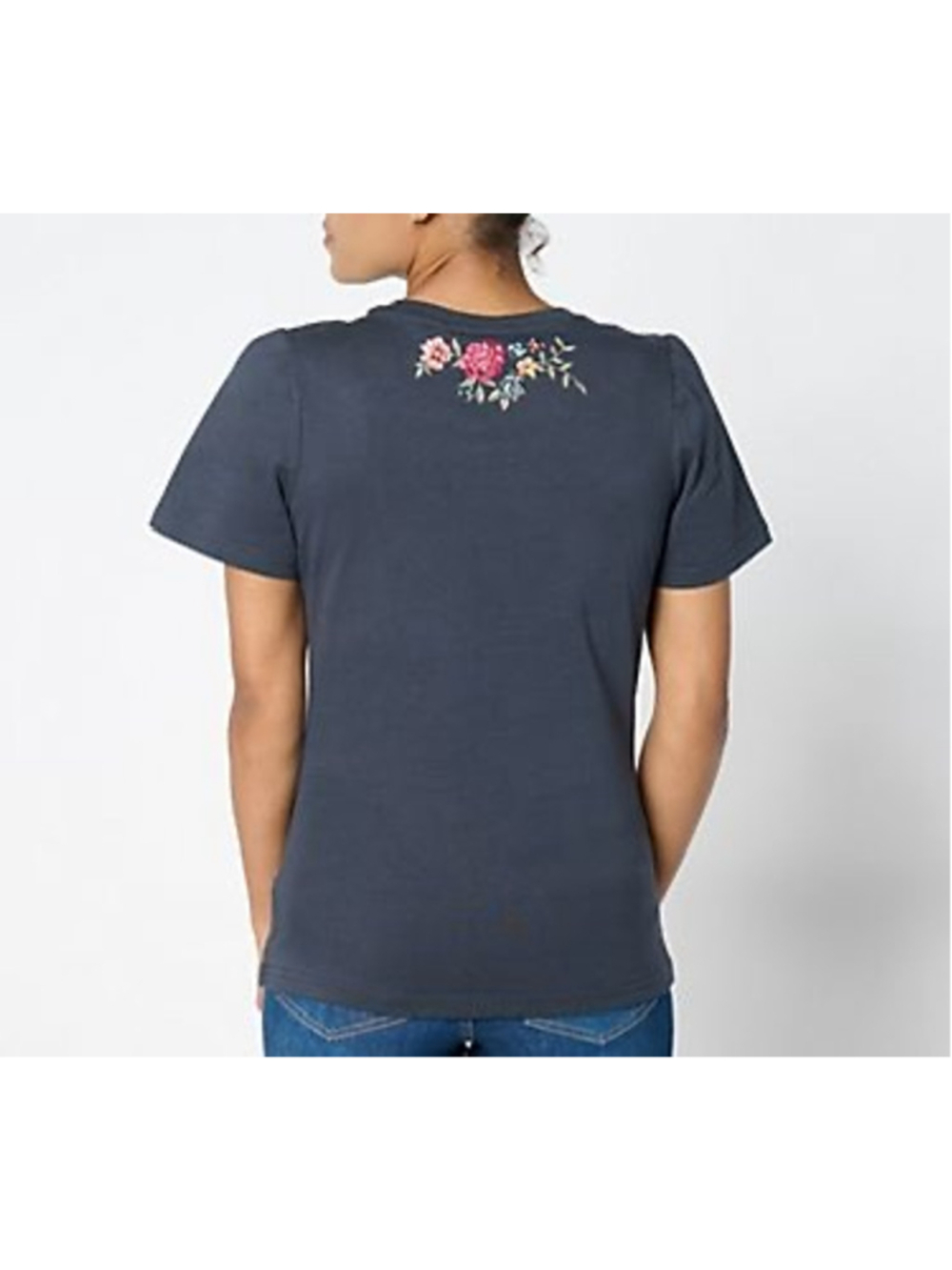 Women's DRIFTWOOD Gray Short Sleeve Tee with Floral Embroidery M excellent con